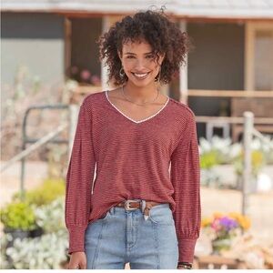 Sundance Women’s 100% Linen Mariner Journey Top M Red Striped Long Sleeve Shirt